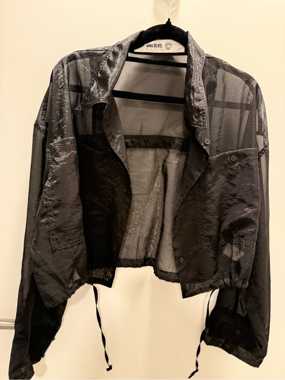 Anna Sui Black Sheer Cropped Bomber Jacket